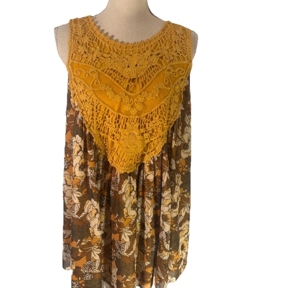 Vintage inspired boho hippy yellow floral 1x top by indigo threads women’s shirt